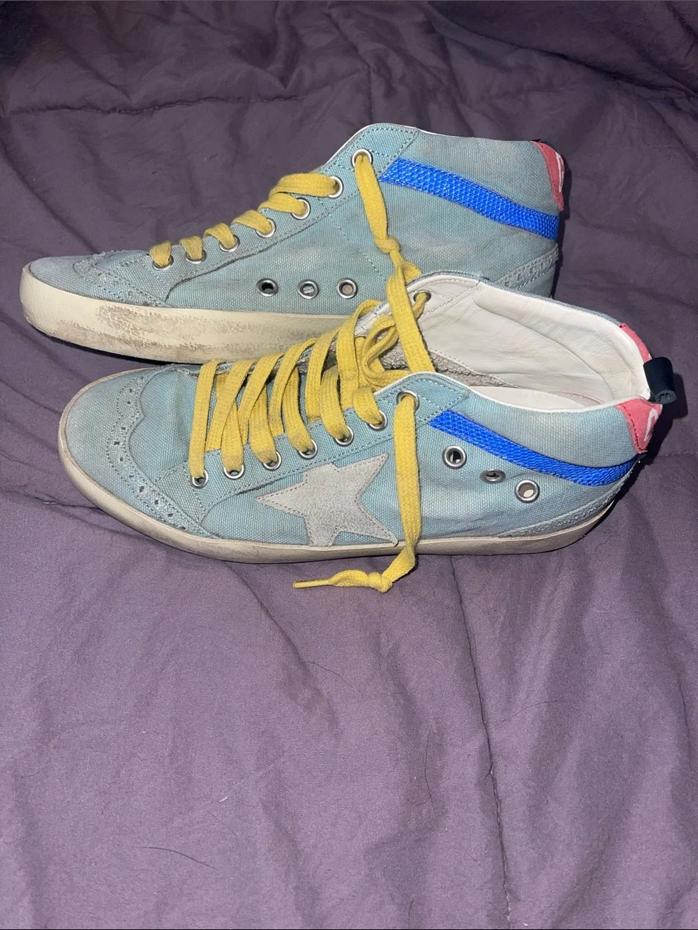 Golden Goose Light Blue Sneakers with Yellow Laces and Pink Heel Accents - Picture 3 of 6
